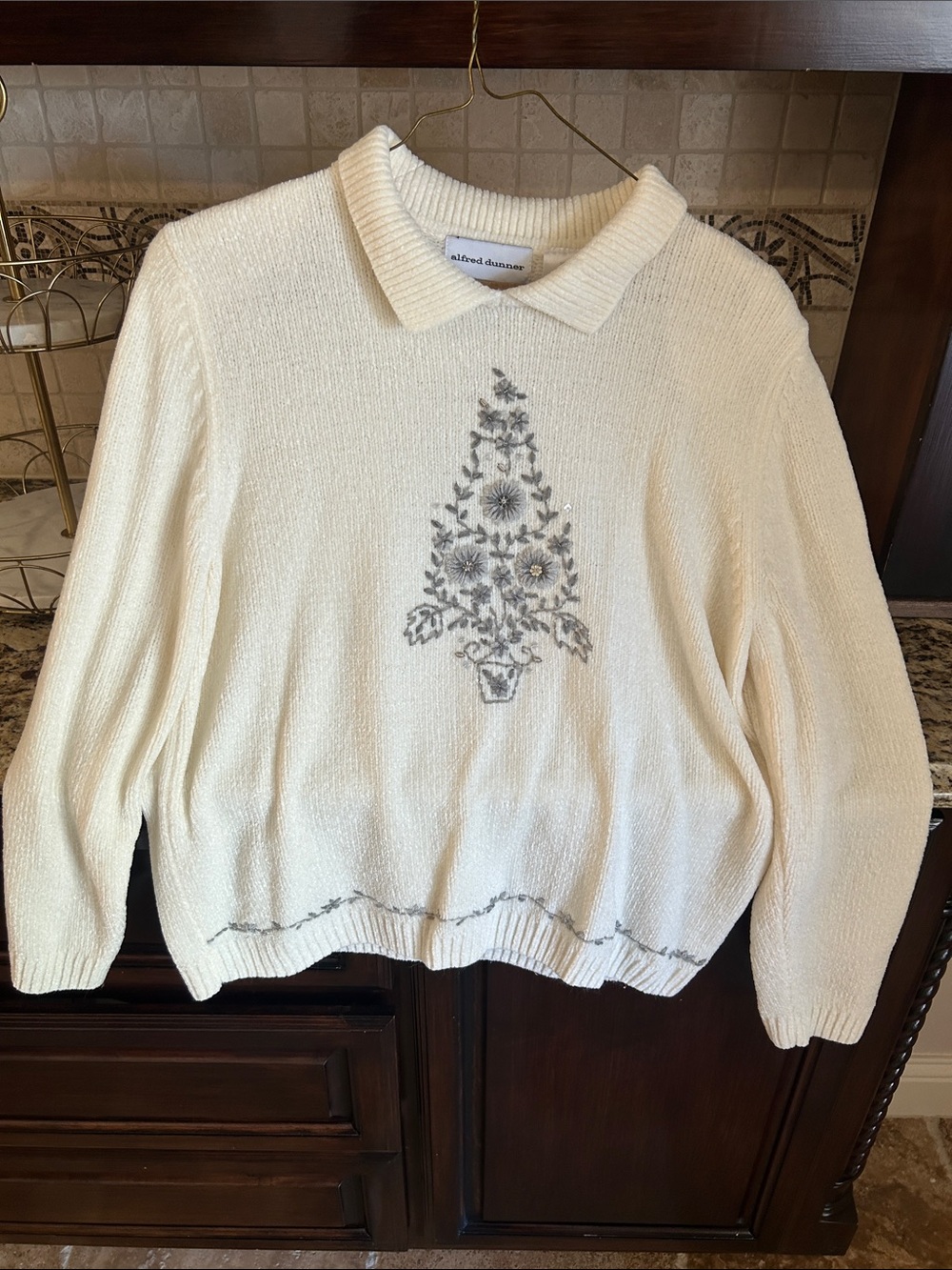 Alfred Dunner Cream Crewneck Sweater with Gray Floral Embroidery